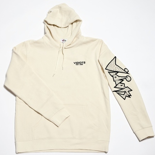 Bone hoodie chest reads "Vidiots est. 1985" Sleeve has Vidiots logo in black outline.
