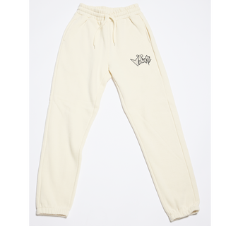 Bone sweatpant with black vidiots logo on Left pocket.
