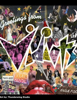 Reads "Greetings from Vidiots" Collage image of vidiots logo and iconic cinema moments and movie stars throughout.
