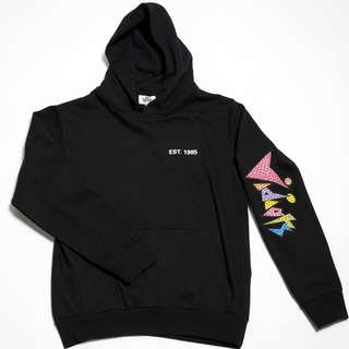 Front of Black Hoodies text on chest reads est. 1985 sleeve has logo: Vidiots Color Logo - Each letter has different color. V (pink) I (orange) d (purplish) i (yellow) o (lighter pink) t (green) s(blue)